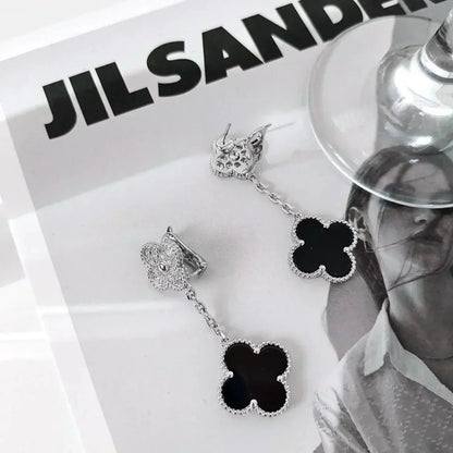 [Luna Brilliance]CLOVER 2 MOTIFS  DIAMOND ONYX EARRINGS SILVER