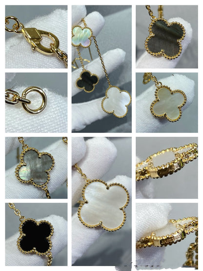 [Luna Brilliance]CLOVER 6 MOTIF MOP ONYX GOLD NECKLACE