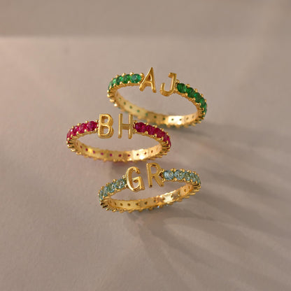 Duo Initial Birthstone Tennis Ring