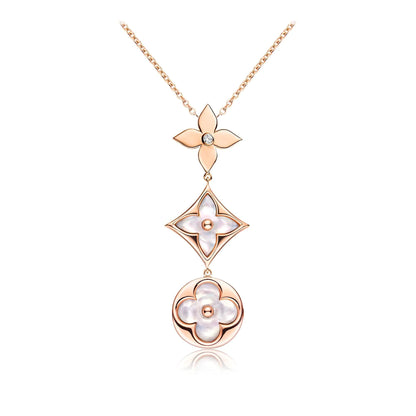 [Luna Brilliance]COLOR BLOSSOM LARIAT NECKLACE PINK GOLD WHITE MOTHER PEARL AND DIAMOND