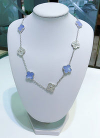 [Luna Brilliance]CLOVER 10 MOTIFS CHALCEDONY DIAMONDS SILVER NECKLACE